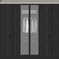 Modern Dark Wooden Wardrobe With Glass Doors And Hanging Clothes Inside