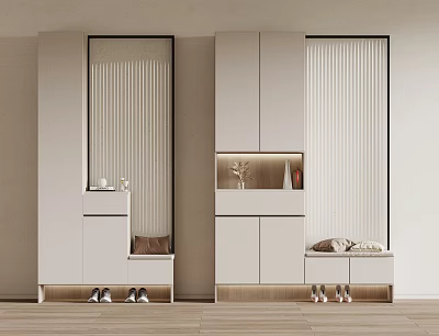 Modern Shoe Cabinet Design With Mirror Storage Drawers And Decorative Items 3d model