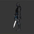 Armored Robot Character With Blue Glowing Accents And Swords Near Creature