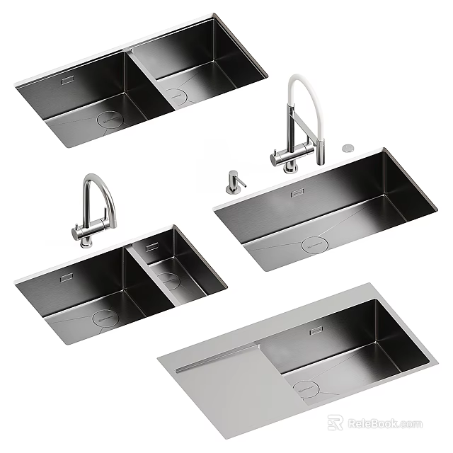Stainless Steel Kitchen Sinks with Single and Double Bowl Designs and Modern Faucet Accessories 3d model 