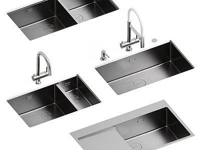 Stainless Steel Kitchen Sinks with Single and Double Bowl Designs and Modern Faucet Accessories 3d model