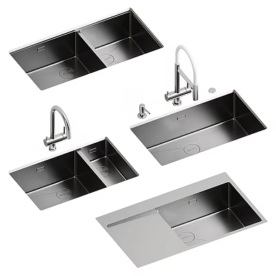 Stainless Steel Kitchen Sinks with Single and Double Bowl Designs and Modern Faucet Accessories 3d model