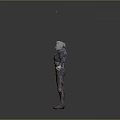 Woman In Detailed Futuristic Armor With Outstretched Arms On Gray Background