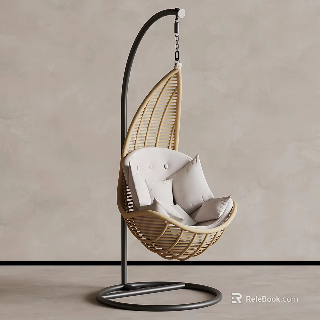 Modern Wicker Hanging Chair With White Cushions And Black Stand Against Light Colored Wall 3d model 