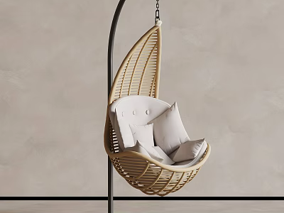 Modern Wicker Hanging Chair With White Cushions And Black Stand Against Light Colored Wall 3d model