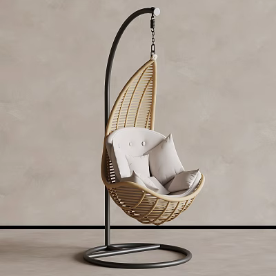 Modern Wicker Hanging Chair With White Cushions And Black Stand Against Light Colored Wall 3d model