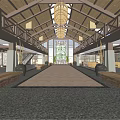 Two Story Restaurant Interior With Wooden Ceiling Glass Skylight Central Plants And Hanging Chandeliers