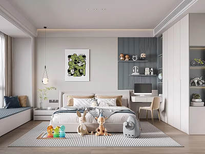Bright Kids Room Interior With Bed Toys Bookshelf Study Desk Artwork And Striped Rug 3d model