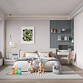 Bright Kids Room Interior With Bed Toys Bookshelf Study Desk Artwork And Striped Rug