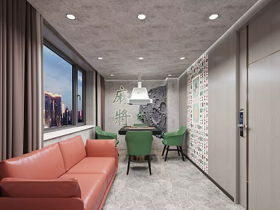 Modern Hotel Mahjong Room Interior With Orange Sofa Green Chairs Mahjong Table And City View 3d model