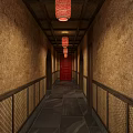 Traditional Hotel Lobby With Bamboo Ceiling Lantern Lights And Sofa Area