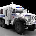 White Police Off Road Truck With Blue Stripes Six Wheel Drive And Roof Emergency Lights