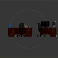 Wooden Office Desk Setup With Drawers Computer Monitor Desk Lamp Blue Cup And Black Chair