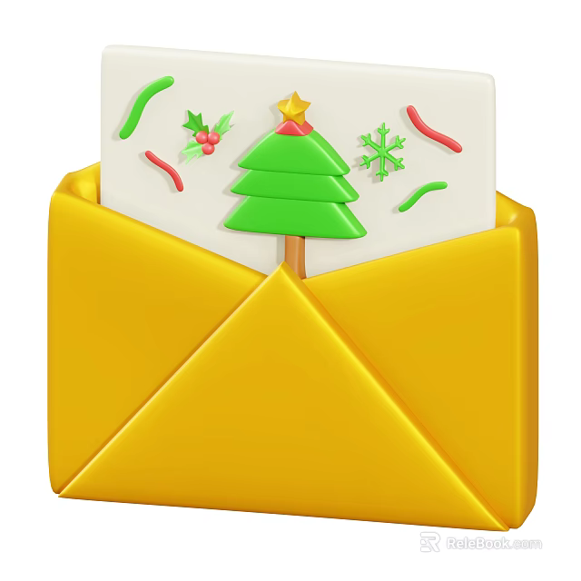 Yellow Envelope With Christmas Card Featuring Green Tree Star Holly And Snowflakes 3d model 
