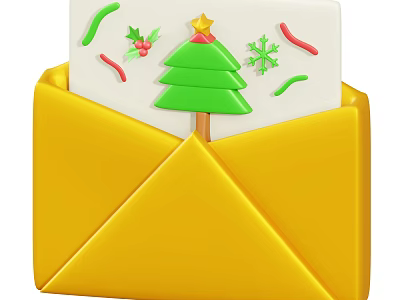 Yellow Envelope With Christmas Card Featuring Green Tree Star Holly And Snowflakes 3d model