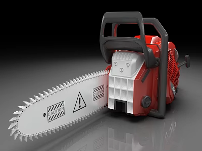 Red And White Chainsaw With Black Handle Sharp Blade And Warning Sign 3d model
