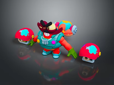 Colorful Game Character With Red Mushroom Appendages Blue Body Green Gloves And Side Mushroom Objects 3d model