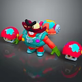 Colorful Game Character With Red Mushroom Appendages Blue Body Green Gloves And Side Mushroom Objects