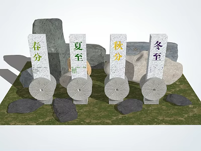 Stone and Wood Crafted Four Solar Terms Steles with Circular Wooden Wheels on Natural Grass 3d model