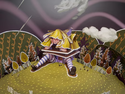 Blonde Girl With Striped Socks Sitting Among Fantasy Forest Plants And Clouds 3d model