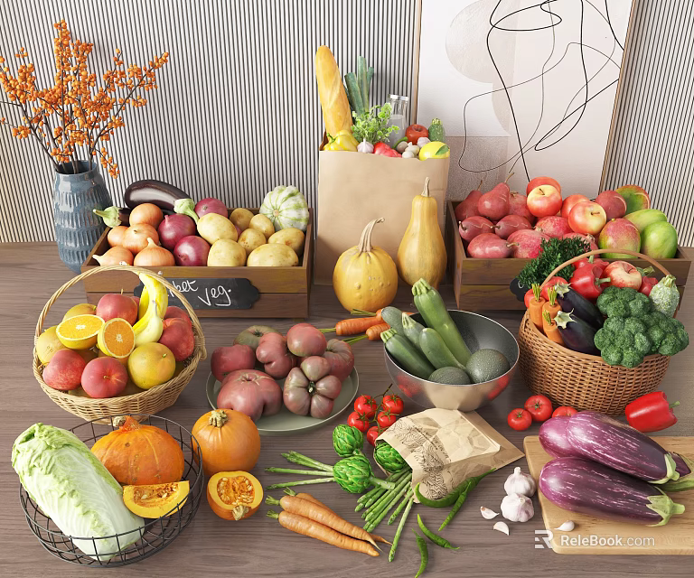 Assorted Fresh Fruits in Baskets and Wooden Boxes with Vegetables on Table 3d model 