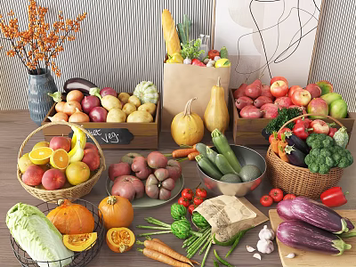 Assorted Fresh Fruits in Baskets and Wooden Boxes with Vegetables on Table 3d model