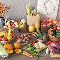 Assorted Fresh Fruits in Baskets and Wooden Boxes with Vegetables on Table