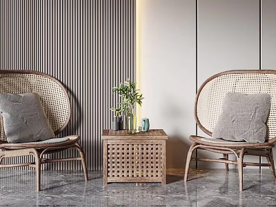 Woven Rattan Chair And Table Set With Green Plant Vase Vertical Striped Wall Marble Floor 3d model
