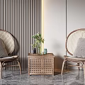Woven Rattan Chair And Table Set With Green Plant Vase Vertical Striped Wall Marble Floor
