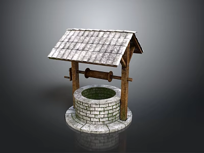 Old Well With Traditional Tiled Roof Wooden Frame And Stone Brick Structure 3d model