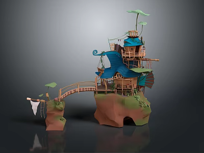Cartoon Style House Scene Built on Rock with Wooden Bridge Green Leaves and Blue Roof 3d model