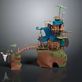 Cartoon Style House Scene Built on Rock with Wooden Bridge Green Leaves and Blue Roof