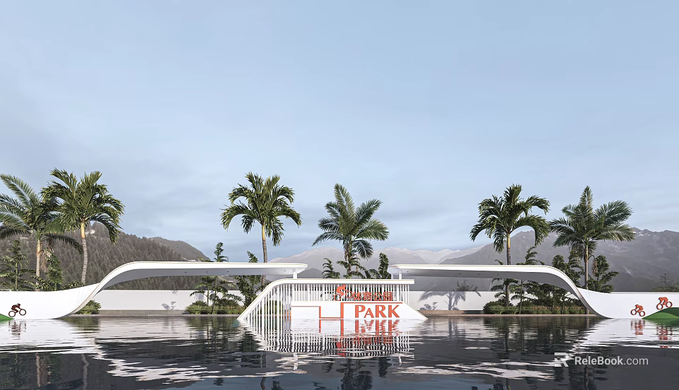 Modern Entrance Gate Design at PARK HILL with Palm Trees Water Pool and Mountains 3d model 