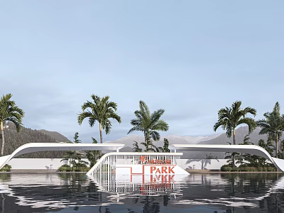 Modern Entrance Gate Design at PARK HILL with Palm Trees Water Pool and Mountains 3d model