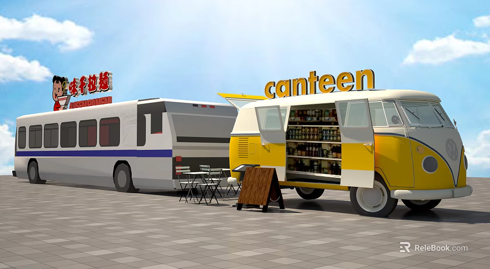 Functional Food Truck With Yellow Exterior Open Compartment Drinks Display And Tables Chairs 3d model 