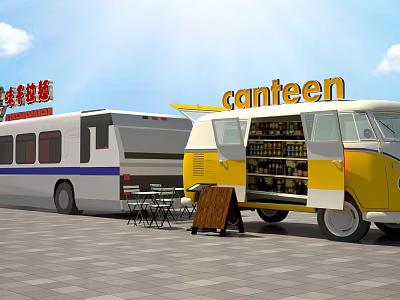 Functional Food Truck With Yellow Exterior Open Compartment Drinks Display And Tables Chairs 3d model