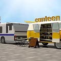 Functional Food Truck With Yellow Exterior Open Compartment Drinks Display And Tables Chairs