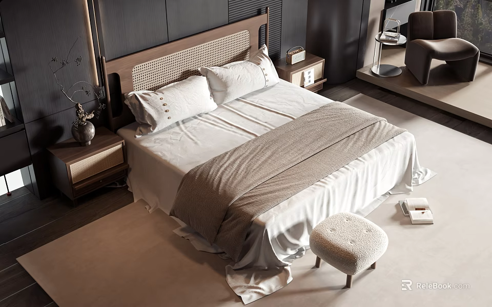 Modern Double Bed With Woven Headboard White Bed Sheets Nightstand And Bed Stool 3d model 