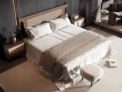Modern Double Bed With Woven Headboard White Bed Sheets Nightstand And Bed Stool 3d model