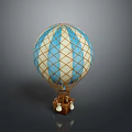 Decorative Blue And White Striped Hot Air Balloon With Grid Design And Brown Basket