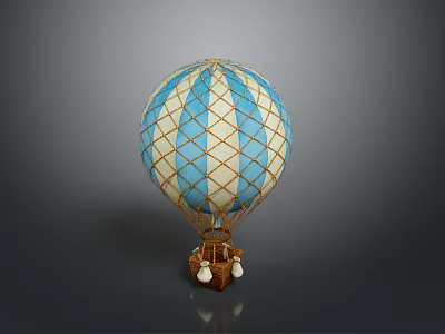 Decorative Blue And White Striped Hot Air Balloon With Grid Design And Brown Basket 3d model