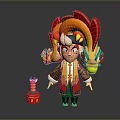 Animated Character With Dragon Themed Headdress And Traditional Outfit Beside Small Red Ornament