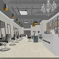 Modern Hair Salon Interior With Styling Chairs Mirrors Chandeliers And Reception Desk