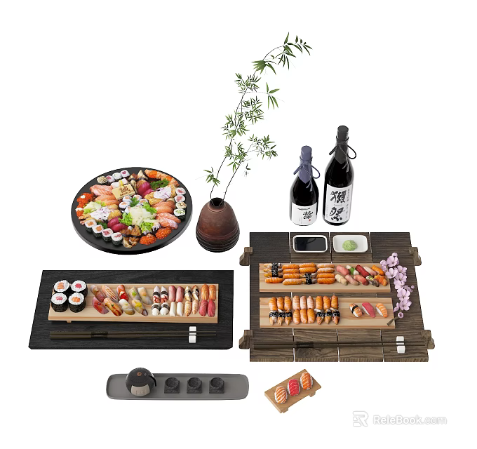 Fresh Sushi and Sashimi Platter with Sake Bottles Bamboo Decor and Wooden Trays 3d model 