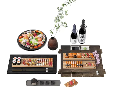 Fresh Sushi and Sashimi Platter with Sake Bottles Bamboo Decor and Wooden Trays 3d model