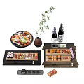 Fresh Sushi and Sashimi Platter with Sake Bottles Bamboo Decor and Wooden Trays