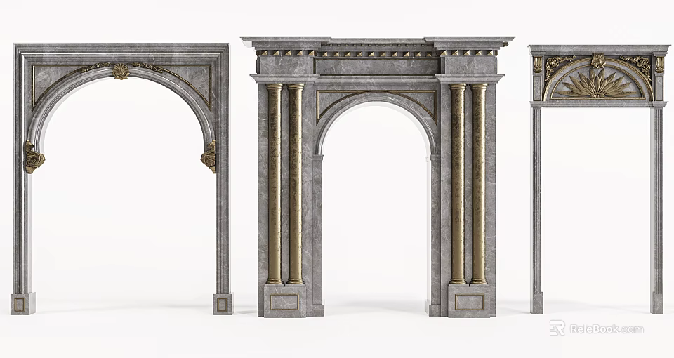 Classical Stone Door Arches Featuring Golden Accents Ornate Columns And Carved Details 3d model 