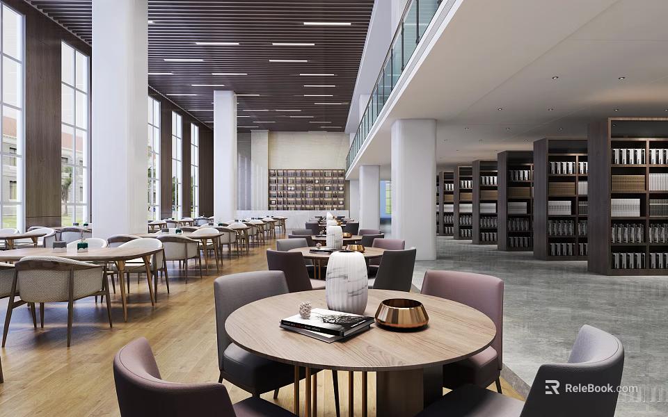 Book Art Inspired Library Interior With Modern Bookshelves Tables And Natural Light 3d model 