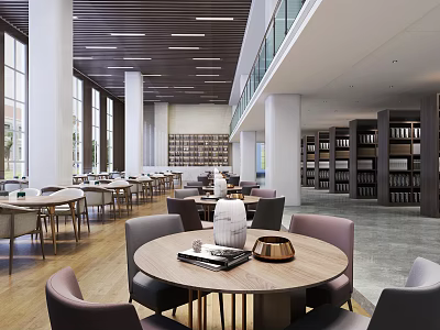 Book Art Inspired Library Interior With Modern Bookshelves Tables And Natural Light 3d model