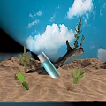 Beautiful Sunny Desert Landscape With Green Cacti Driftwood Rocks And Clear Bright Cloud Dotted Sky